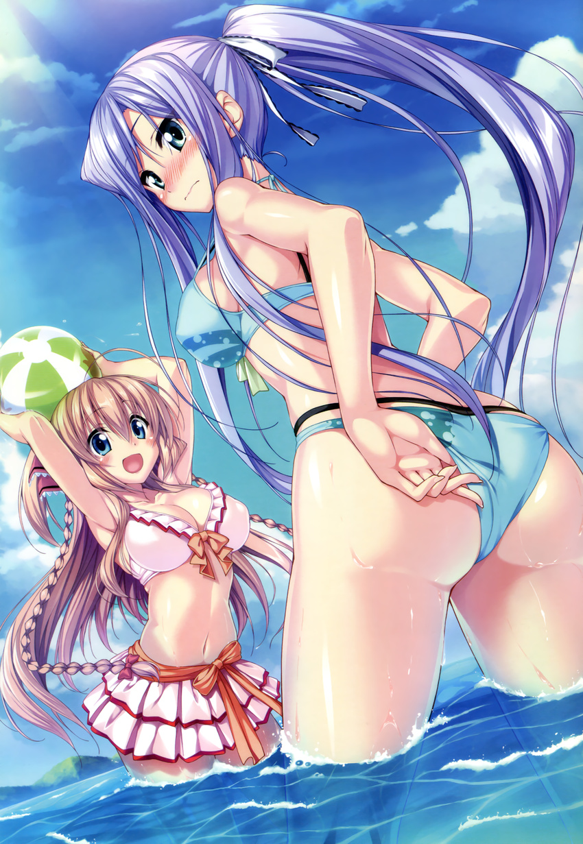 :d absurdres adjusting_clothes adjusting_swimsuit ahoge aozora_stripe arms_up ass ball bikini blue_bikini blue_eyes blue_hair blush breasts brown_hair cleavage cloud day dutch_angle from_below hair_ribbon highres large_breasts long_hair looking_at_another looking_at_viewer looking_back multiple_girls navel open_mouth outdoors piromizu ponytail ribbon sawatari_kotone scan sky smile standing swimsuit tsuruno_satsuki wading water wavy_mouth