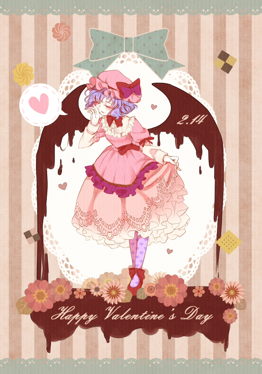 bat_wings blue_hair bow chocolate closed_eyes cookie dated dress embellished_costume flower food frilled_dress frills hand_on_own_face happy_valentine hat hat_ribbon heart highres lace_border long_sleeves melting mob_cap pantyhose parted_lips print_legwear purple_legwear remilia_scarlet ribbon satomachi shoe_ribbon short_hair skirt_hold solo spoken_heart striped striped_background touhou valentine vertical-striped_background vertical_stripes wings