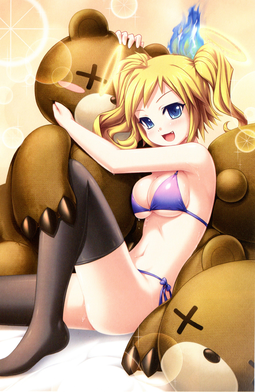 :d absurdres artist_request black_legwear blonde_hair blue_eyes blush_stickers bra breasts character_request cleavage fang halo highres knee_up lens_flare medium_breasts open_mouth panties purple_bra purple_panties short_hair short_twintails side-tie_panties smile solo soukoku_no_arterial stuffed_animal stuffed_toy teddy_bear thighhighs twintails underwear underwear_only x_x