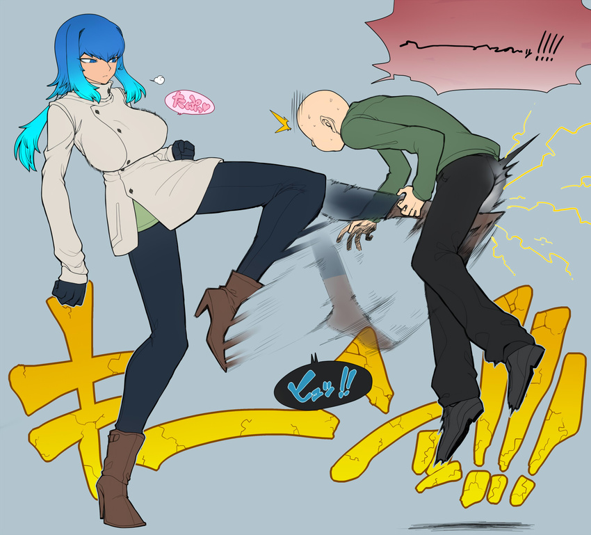 1girl bdsm blue_eyes blue_hair boots breasts coat crotch_kick denim faceless faceless_male gradient_hair high_heel_boots high_heels highres impossible_clothes jeans kicking large_breasts long_hair multicolored_hair original pain pants pantyhose ponytail sidelocks space_jin tamakeri tsurime winter_clothes zoe_(space_jin)