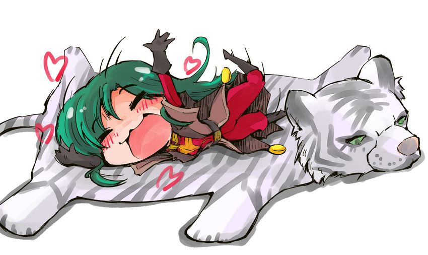 :3 =_= blush blush_stickers chibi cima_garahau closed_eyes full_body gloves green_hair gundam gundam_0083 heart long_hair military military_uniform rolling shinapuu smile solo tiger uniform white_tiger