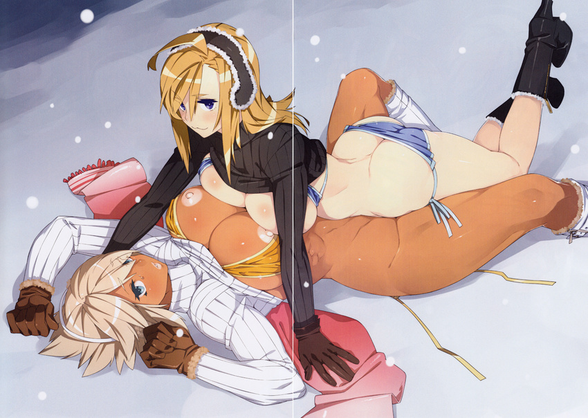2girls :3 absurdres ahoge ahoge_girl_(23) ass asymmetrical_docking bikini bikini_top bikini_under_clothes blonde_hair blue_eyes blush boots breast_press breasts butt_crack chestnut_mouth clothes_lift couple crease dark-skinned_girl_(23) dark_skin earmuffs girl_on_top gloves high_heel_boots high_heels highres huge_breasts large_breasts long_hair looking_at_viewer lying_on_person multiple_girls nipples no_panties no_pants original ribbed_sweater scan scan_artifacts scarf short_hair side-tie_bikini smile snow snowing sweater sweater_lift swimsuit swimsuit_under_clothes thighs toned underwear wife_and_wife yuri