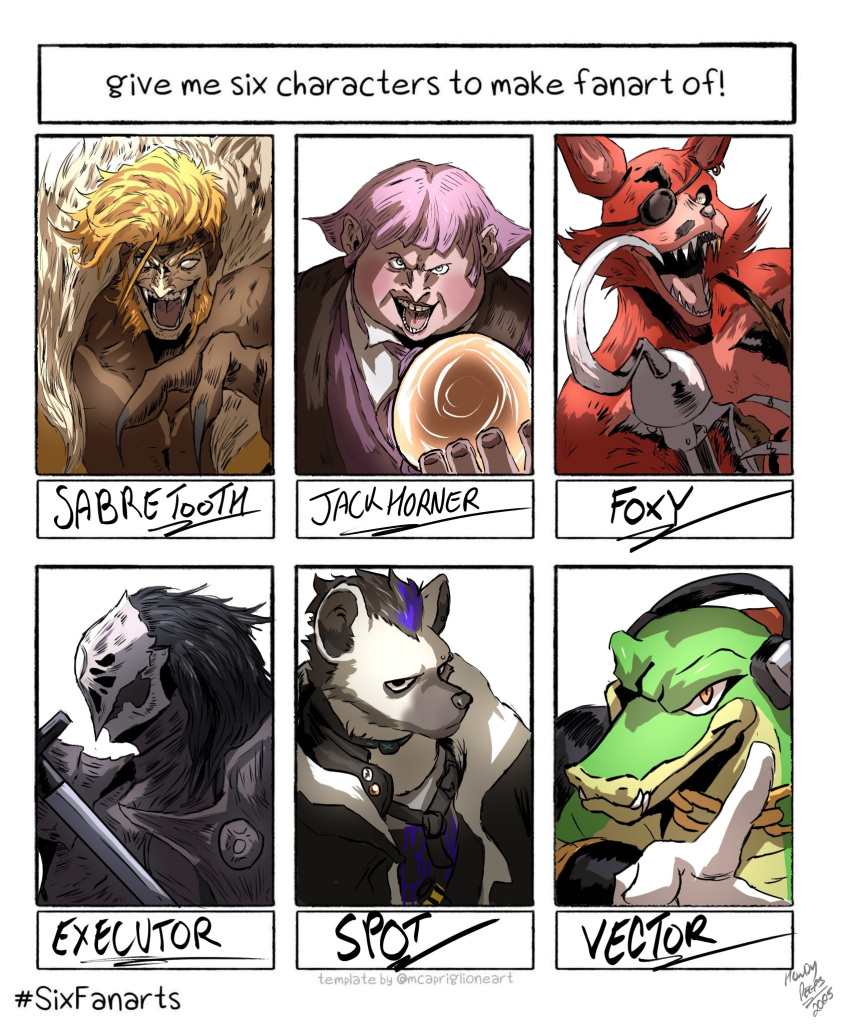 6+boys animal_ears arknights armor black_hair black_jacket blonde_hair brown_coat chain chain_necklace character_name claws closed_mouth coat crocodile_boy dated elden_ring english_commentary english_text executor_(elden_ring) eyepatch fangs five_nights_at_freddy's fox_boy fox_ears foxy_(fnaf) furry furry_male headset highres holding holding_sword holding_weapon hook hyena_boy hyena_ears jack_horner jacket jewelry looking_at_viewer male_focus marvel masked multicolored_hair multiple_boys multiple_drawing_challenge necklace o'donnis open_mouth pink_hair puss_in_boots:_the_last_wish sabertooth_(x-men) shrek_(series) signature six_fanarts_challenge smile sonic_the_hedgehog spot_(arknights) streaked_hair superhero_costume sword vector_the_crocodile weapon white_background x-men