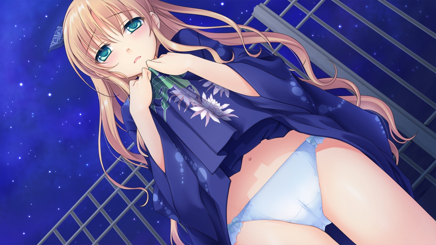 1girl astraythem blonde_hair cameltoe fence game_cg ginta green_eyes highres japanese_clothes kimono legs long_hair looking_at_viewer navel night panties sakurazuka_natsuki sky solo standing star stars thighs underwear white_panties