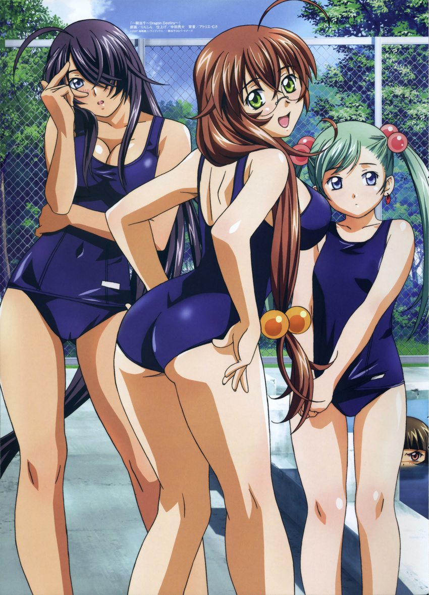 4girls absurdres ass back backboob bare_shoulders blue_eyes blush breasts brown_hair chouhi_ekitoku cleavage cloud clouds earrings embarrassed fence flat_chest glasses green_eyes green_hair hair_over_one_eye happy highres ikkitousen jewelry kan'u_unchou kan'u_unchou large_breasts legs long_hair looking_at_viewer multiple_girls official_art open_mouth pool purple_hair ryuubi_gentoku shokatsuryou_koumei short_hair sky smile standing swimsuit thighs tree trees twintails water