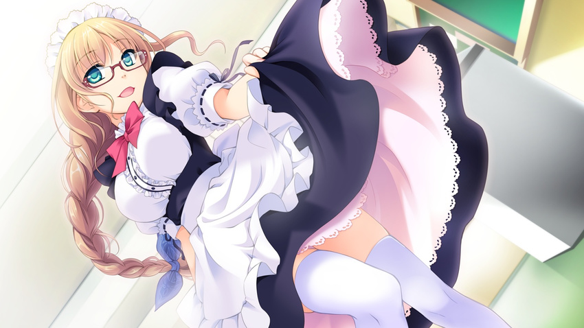 1girl astraythem blonde_hair bow bowtie braid breasts game_cg ginta glasses green_eyes hair_ribbon happy highres large_breasts legs long_hair looking_at_viewer maid maid_headdress open_mouth ribbon sakurazuka_natsuki smile solo standing thighs white_legwear