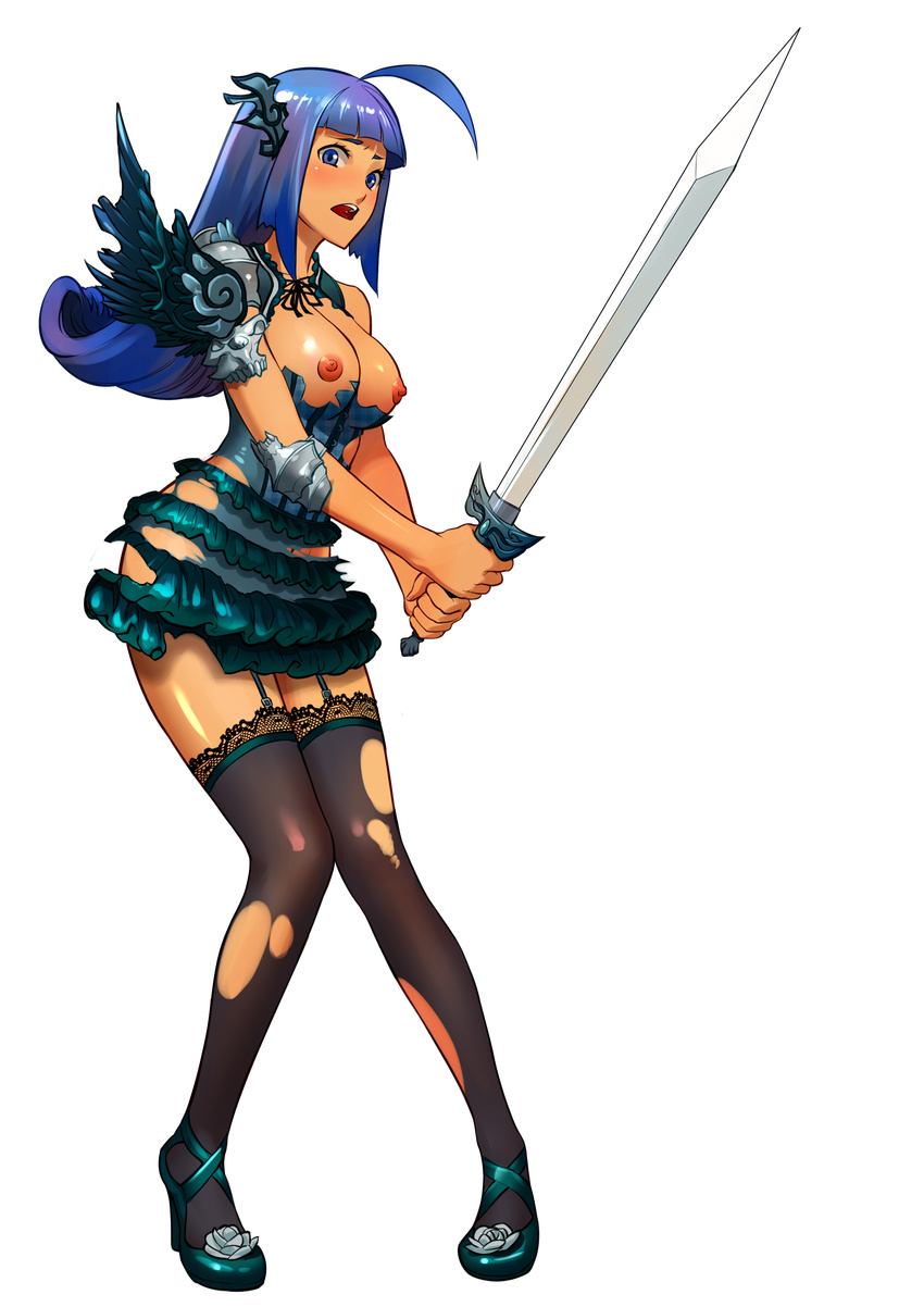 1girl blue_eyes blue_hair blush breasts female highres long_hair newface nipples open_mouth original solo standing sword weapon