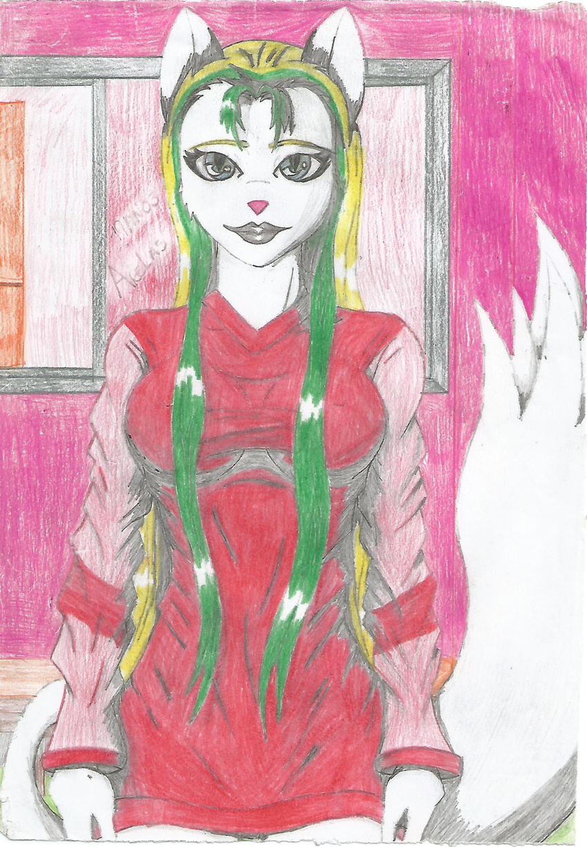 &lt;3 angel cat clothing color drawing feline female gtoyaannno hair hair_green mammal paws she solo traditional_media