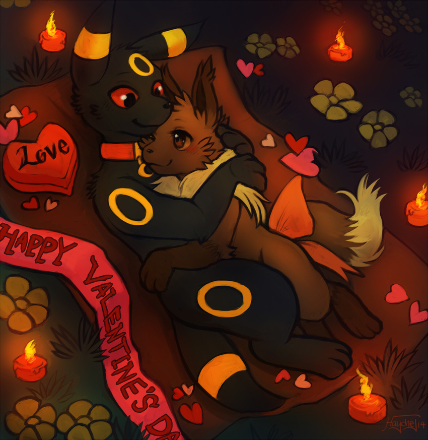 blush candle cuddling eevee eeveelution emma_the_eevee fire flower grass haychel holding holidays nintendo pok&#233;mon pok&eacute;mon qwazzy ribbons umbreon valentine's_day valentine's_day video_games