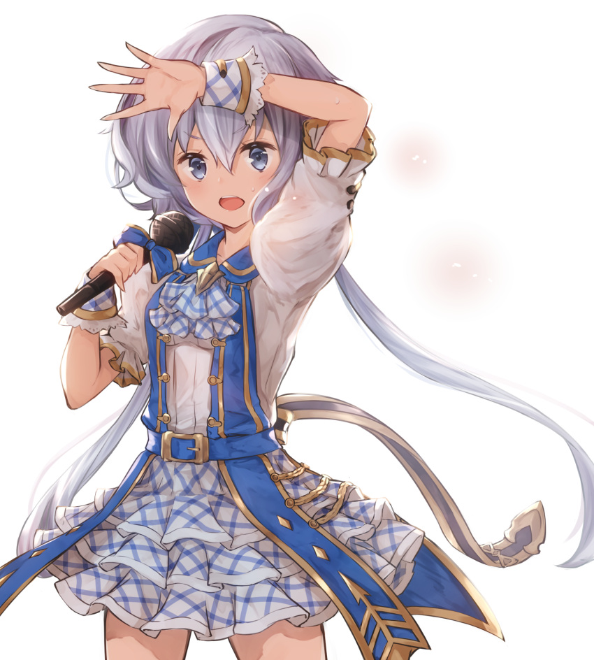 1girl alisia0812 alternate_costume arm_up belt bow granblue_fantasy highres idol kimi_to_boku_no_mirai konno_junko long_hair looking_at_viewer low_twintails microphone open_mouth open_palm puffy_sleeves short_sleeves silver_eyes silver_hair skirt solo twintails very_long_hair white_background wrist_cuffs zombie_land_saga