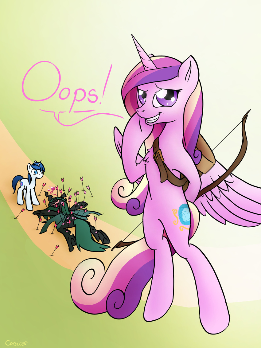 arrow blue_eyes blue_hair bow_(weapon) chageling changeling conicer cutie_mark equine female feral friendship_is_magic fur hair horn horse male mammal multi-colored_hair my_little_pony pink_fur pony princess_cadance_(mlp) purple_eyes queen_chrysalis_(mlp) ranged_weapon shining_armor_(mlp) solo unicorn weapon white_fur winged_unicorn wings