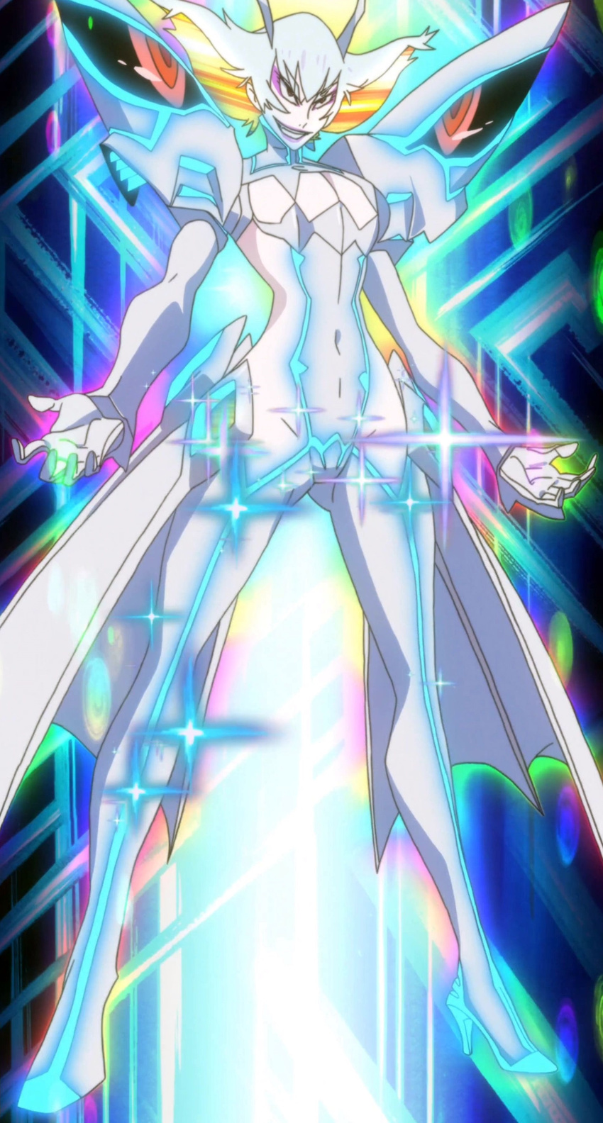 absurdres boots elbow_gloves gloves hair_ornament hairclip high_heel_boots high_heels highres junketsu kill_la_kill kiryuuin_ragyou long_hair mature multicolored_hair neon_trim revealing_clothes screencap showgirl_skirt smile solo spoilers standing stitched third-party_edit trigger_(company)