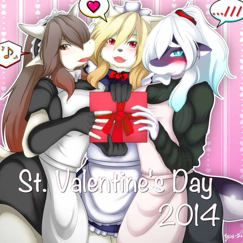 &lt;3 anthro apron black_nose blonde_hair blue_eyes blush bow breasts brown_eyes brown_hair canine cetacean dog dragon eyebrows fangs female fur gift group hair hairband holidays horn long_hair looking_at_viewer maid maid_uniform mammal marine musical_note open_mouth orca standing sweater tongue valentine's_day valentine's_day whale white_body white_dragon white_fur white_hair yus-ts