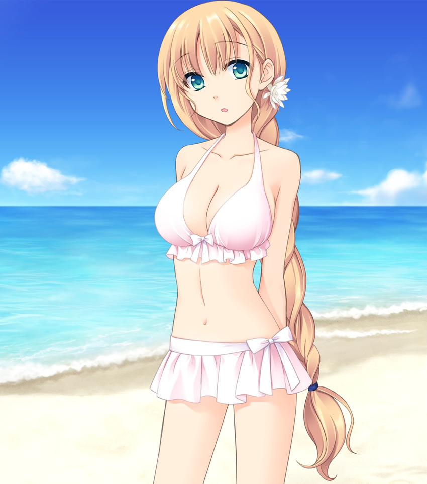 1girl arms_behind_back astraythem bare_shoulders beach bikini blonde_hair braid breasts cleavage cloud clouds flower game_cg ginta green_eyes hair_ornament highres large_breasts legs long_hair looking_at_viewer navel ocean sakurazuka_natsuki sand skirted_swimsuit sky solo standing swimsuit thighs very_long_hair water