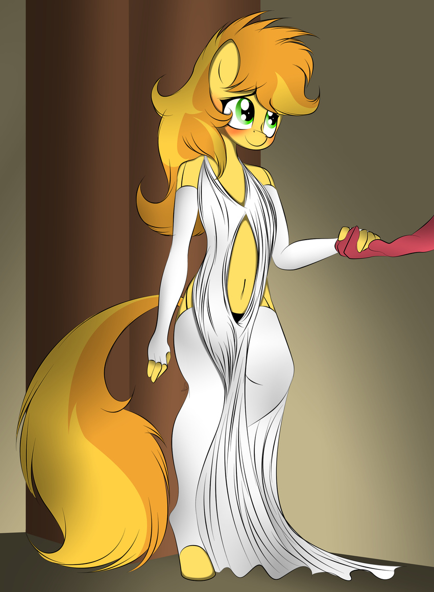 anthro anthrofied big_macintosh_(mlp) blonde_hair blush braeburn_(mlp) dress elbow_gloves equine friendship_is_magic girly gloves green_eyes hair hand_holding horse legwear looking_up male mammal my_little_pony navel pony standing stockings two_tone_hair v-d-k