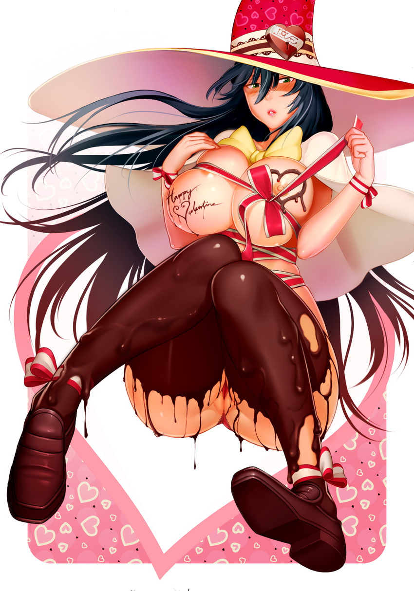 black_hair body_writing breasts chocolate chocolate_clothes chocolate_on_breasts green_eyes happy_valentine hat highres huge_breasts kagari_ayaka loafers long_hair lucknight nipples panties partially_visible_vulva ribbon shoes socks solo thighhighs topless underwear valentine wedgie witch_craft_works witch_hat