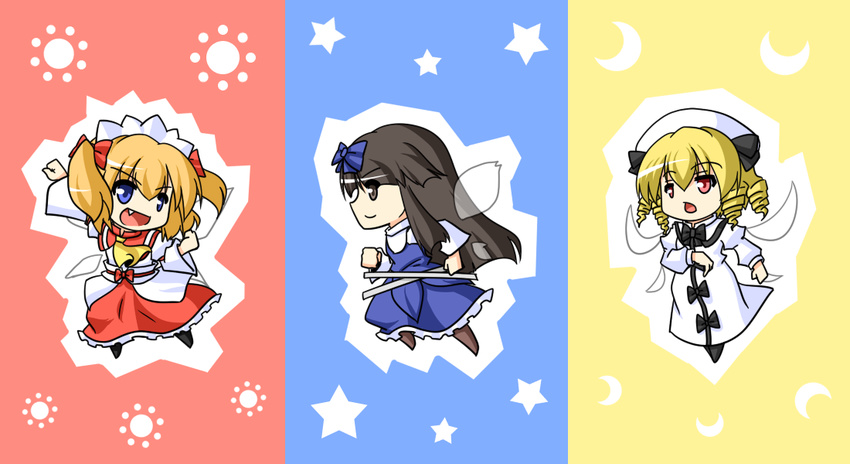 black_hair blonde_hair blue_eyes crescent_moon drill_hair fang grey_eyes luna_child moon multiple_girls profile red_eyes star star_sapphire sunny_milk touhou twintails urushi wings