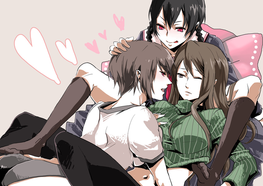 age_difference ass bad_id bad_pixiv_id black_hair braid breast_grab breasts brown_eyes brown_hair buruma durarara!! grabbing green_shirt gym_uniform heart highres large_breasts long_hair multiple_girls noppo one_eye_closed orihara_kururi orihara_mairu pantyhose red_eyes school_uniform shirt short_hair sweater tongue turtleneck twin_braids yagiri_namie you_gonna_get_raped yuri