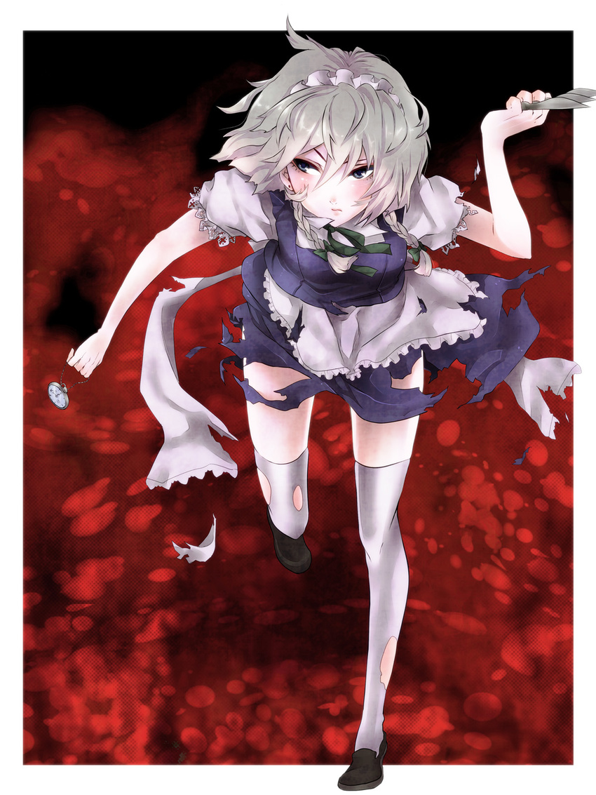 blue_eyes braid highres izayoi_sakuya knife legs maid maid_headdress short_hair silver_hair solo thighhighs torn_clothes torn_legwear touhou twin_braids yamineko