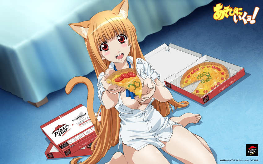 ad animal_ears artist_request asobi_ni_iku_yo! barefoot blonde_hair bottomless breasts cat_ears cat_tail eris_(asobi_ni_iku_yo!) food highres holding_pizza legs long_hair medium_breasts open_clothes open_mouth open_shirt pizza pizza_hut product_placement red_eyes shirt solo tail very_long_hair wallpaper