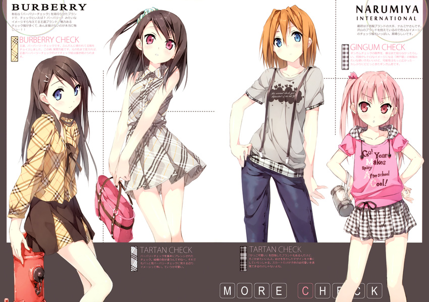 absurdres bag blue_eyes brown_hair casual clothes_writing denim engrish fashion fire_hydrant hand_on_hip handbag highres hood hoodie jeans kantoku long_hair long_sleeves miyaguchi_hiromi miyaguchi_kanna miyaguchi_kei multiple_girls orange_hair original pants pink_eyes pink_hair plaid ranguage shizuku_(kantoku) short_hair side_ponytail skirt suspenders