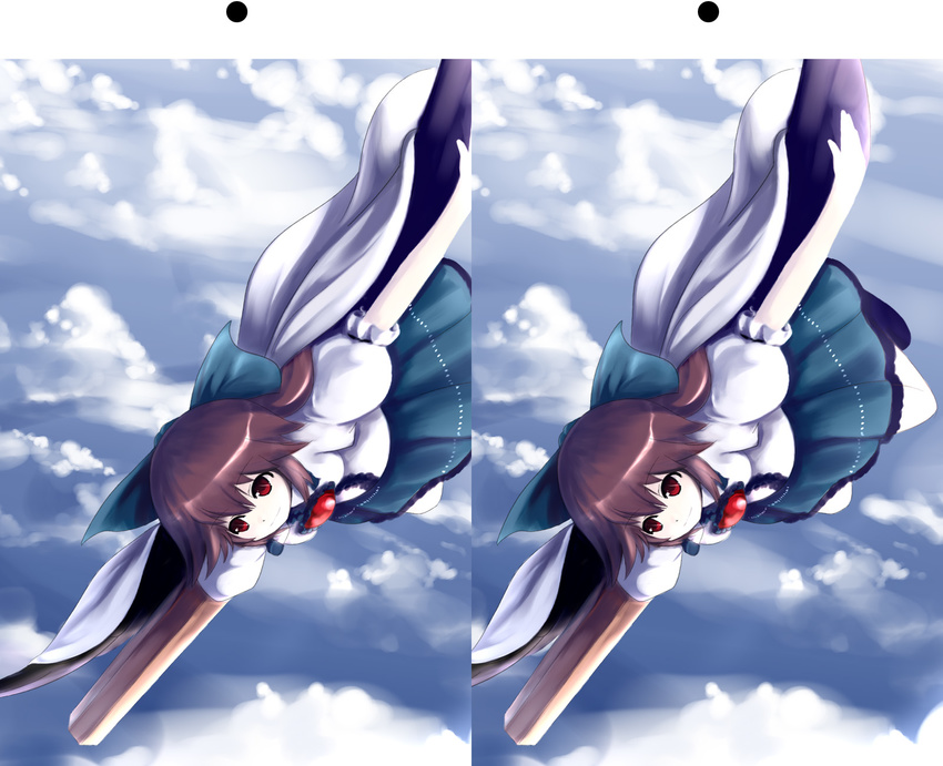 arm_cannon brown_hair cape day flying highres md5_mismatch outstretched_arms red_eyes reiuji_utsuho sky spread_arms stereogram touhou tsubasa_(abchipika) weapon wings