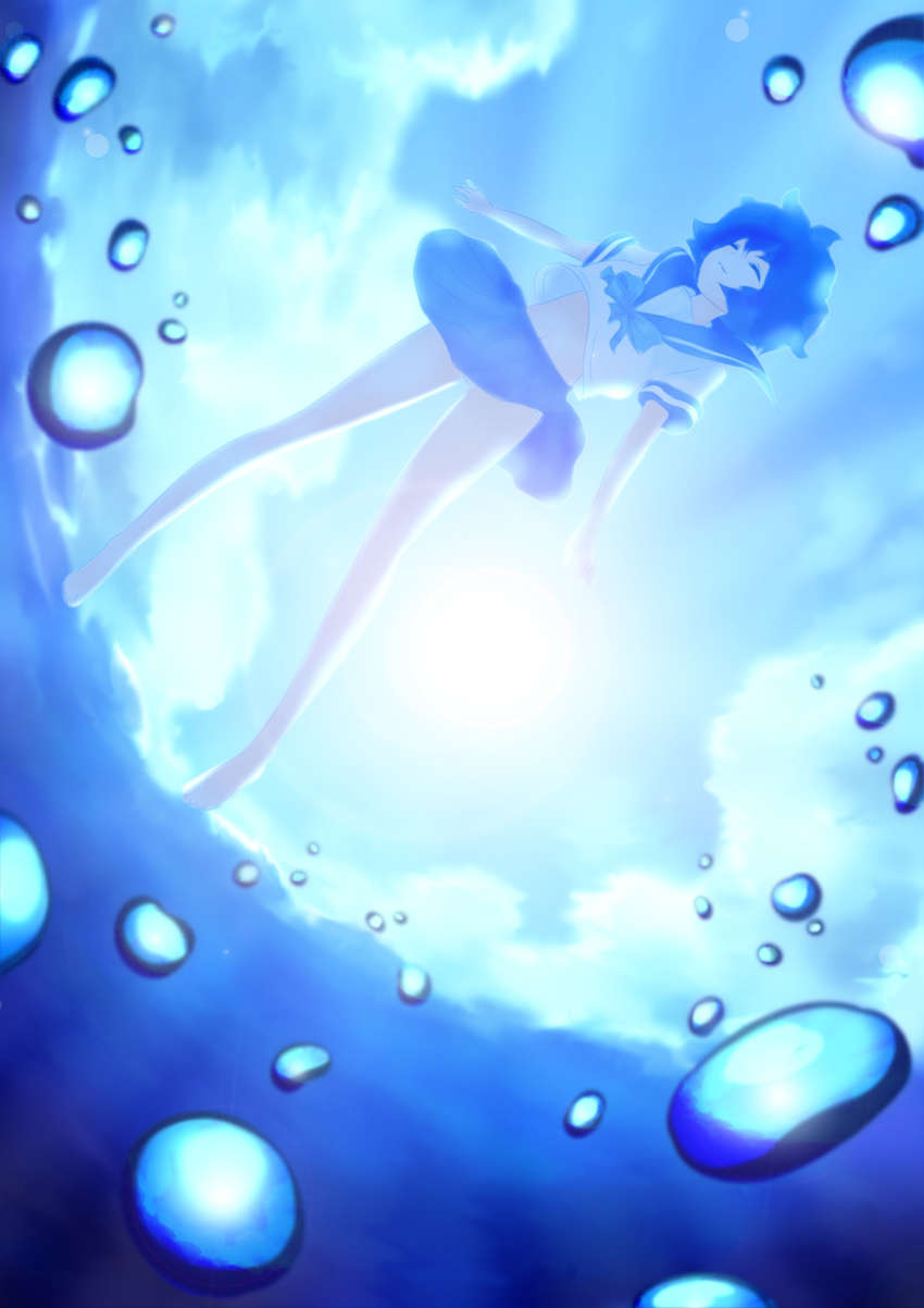 absurdres akahige barefoot highres legs ocean original school_uniform serafuku skirt solo water