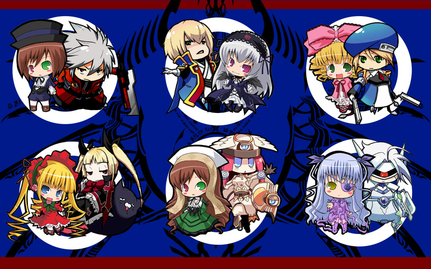 6+girls barasuishou beret blazblue blonde_hair bloomers blue_eyes blush boots brown_hair chibi crossover dress eyepatch flower gothic green_eyes gun hat headband heterochromia hina_ichigo japanese_clothes jin_kisaragi military military_uniform multiple_boys multiple_girls nago necktie noel_vermillion nu-13 ornament purple_hair rachel_alucard ragna_the_bloodedge red_eyes red_hair ribbon rose rozen_maiden shinku silver_hair souseiseki suigintou suiseiseki sword thighhighs tsubaki_yayoi twintails underwear uniform weapon wings yellow_eyes