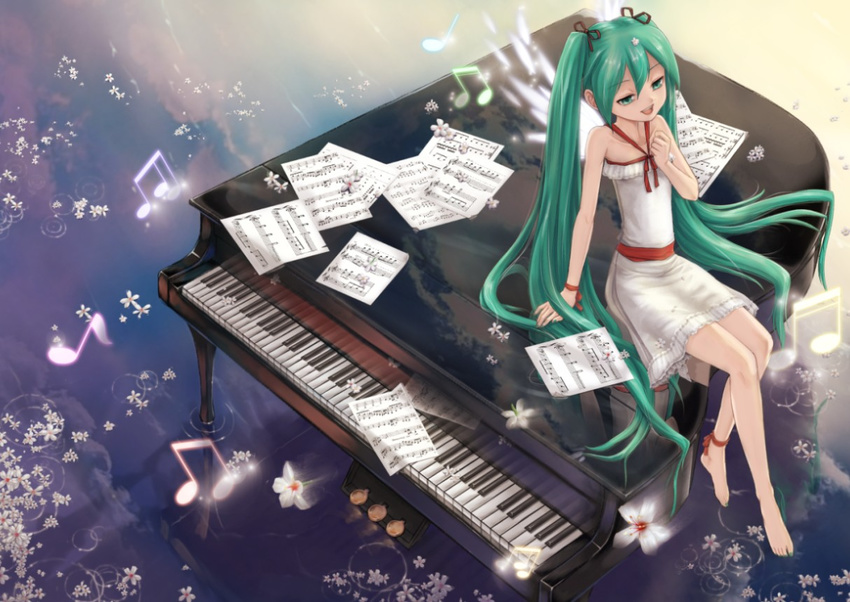 anklet barefoot beamed_eighth_notes beamed_sixteenth_notes crazypen dress eighth_note green_eyes green_hair hair_ribbon hatsune_miku instrument jewelry legs long_hair musical_note piano quarter_note reflection ribbon sheet_music sitting sky solo twintails very_long_hair vocaloid water