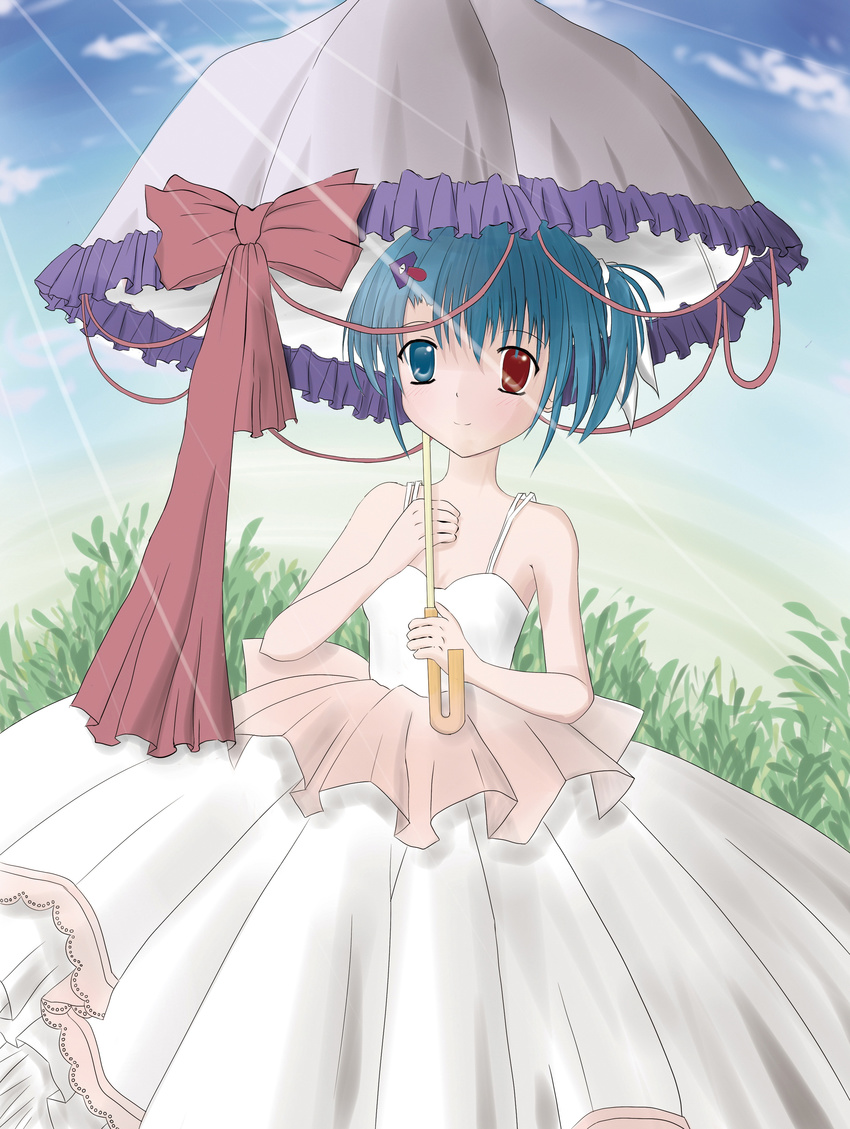 absurdres alternate_costume bad_id bad_pixiv_id blue_hair dress heterochromia highres short_hair solo tatara_kogasa touhou umbrella