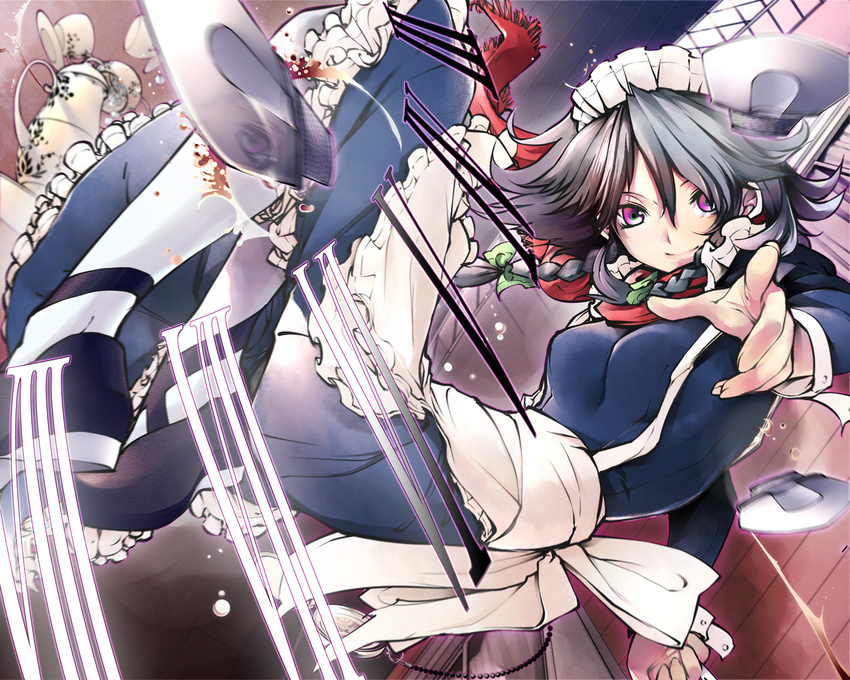 braid flying foreshortening highres izayoi_sakuya knife maid maid_headdress midair motion_blur purple_eyes short_hair silver_hair smile solo tea_set touhou twin_braids yukari_(konekonekozou)