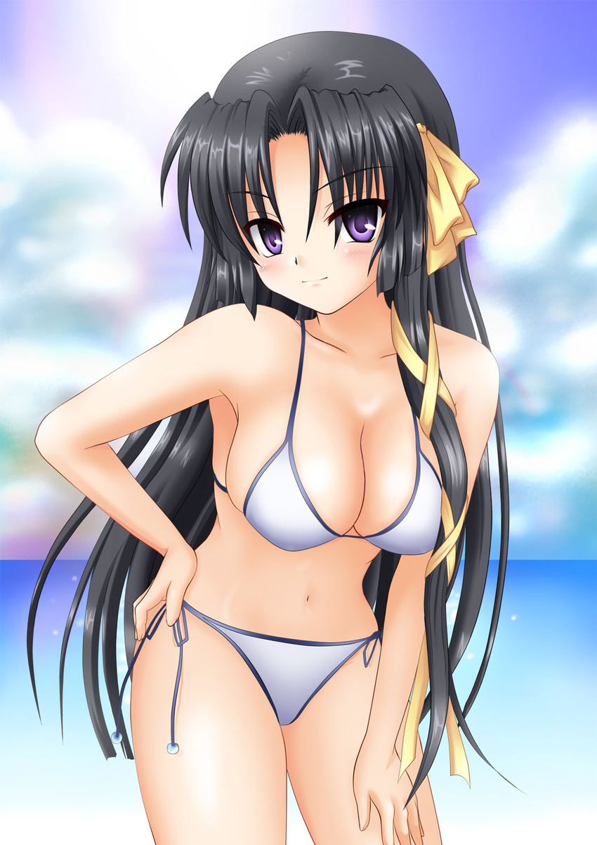 bikini black_hair bow breasts cleavage hair_bow hand_on_hip highres kurugaya_yuiko large_breasts leaning_forward little_busters! long_hair navel purple_eyes side-tie_bikini solo swimsuit yuzuki_karin