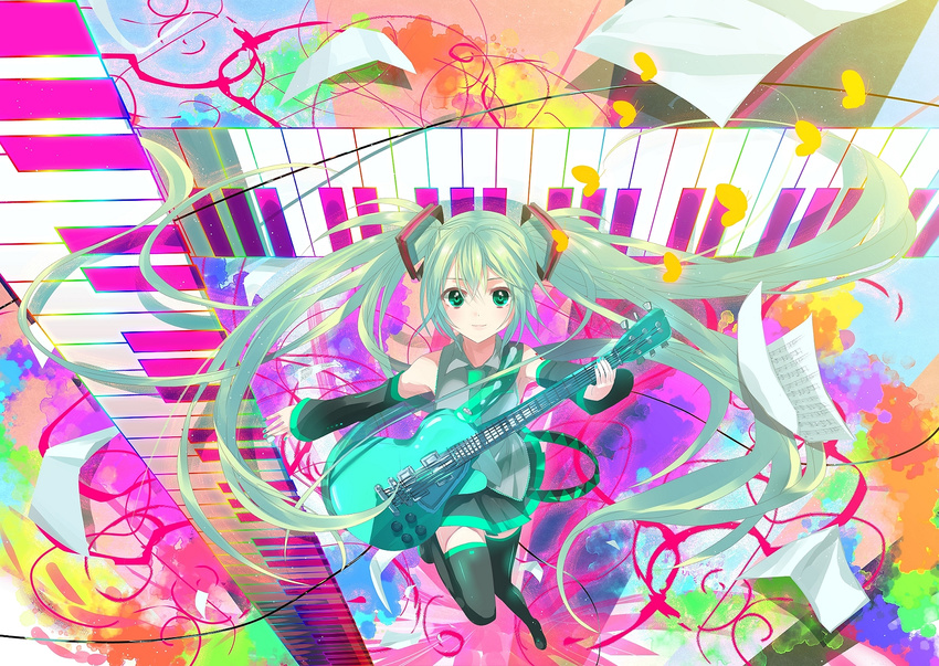 aqua_hair bad_id bad_pixiv_id chirosuke guitar hatsune_miku highres instrument long_hair solo thighhighs twintails vocaloid