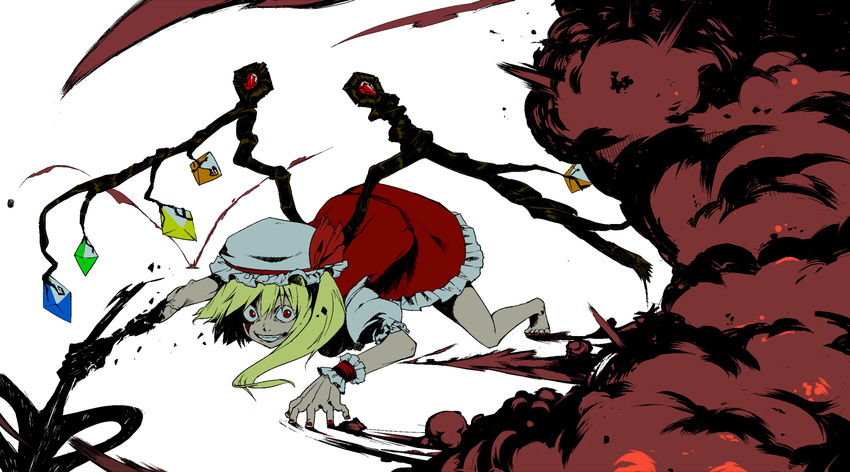 all_fours alternate_wings ascot barefoot blonde_hair blood blood_on_face explosion flandre_scarlet grin hat highres laevatein red_eyes side_ponytail smile solo touhou wings yokohachi