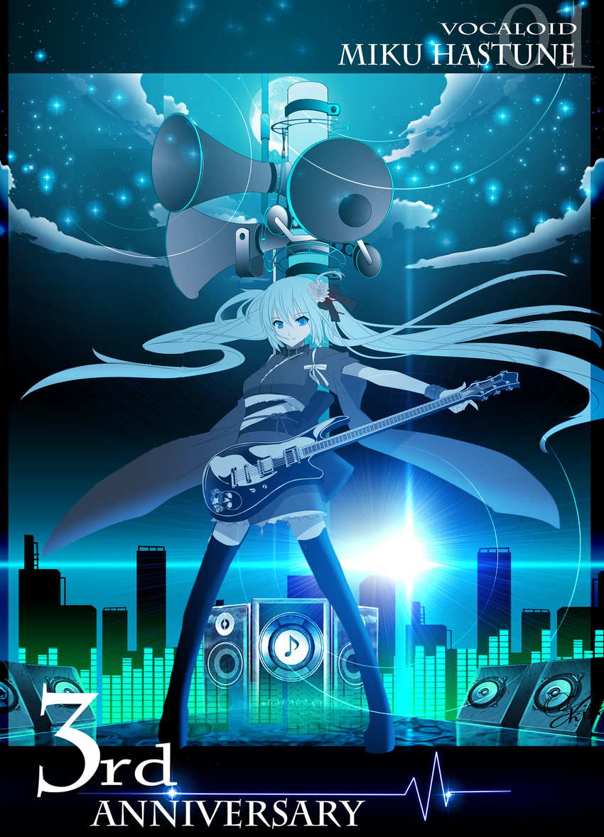 aqua_eyes aqua_hair cityscape collar frills guitar hatsune_miku highres instrument japanese_clothes kimono lens_flare long_hair megaphone night short_kimono solo speaker thighhighs tower twintails very_long_hair vocaloid yuuki_kira