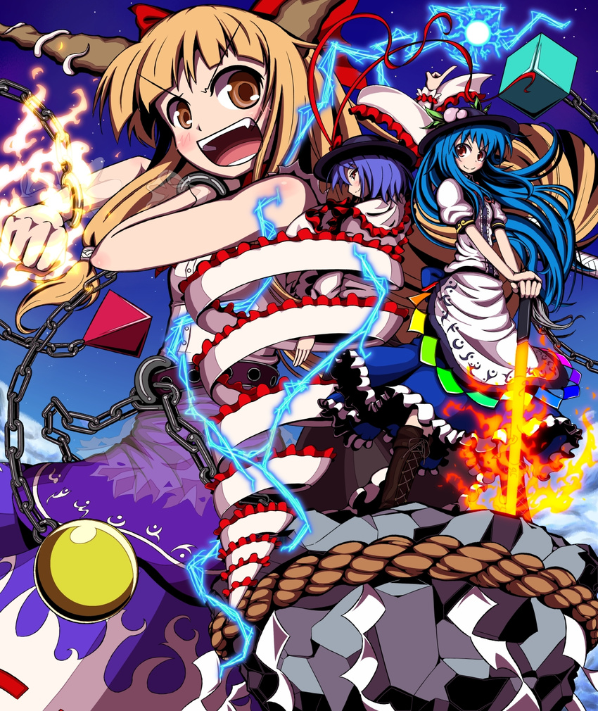 bad_id bad_pixiv_id blue_hair boots brown_eyes chain cube electricity fang fire food fruit hat highres hinanawi_tenshi horns ibuki_suika keystone kikunosukemaru knee_boots multiple_girls nagae_iku open_mouth orange_hair peach pyramid_(geometry) red_eyes rope saturday_night_fever scarlet_weather_rhapsody shide shimenawa sleeveless smile sphere sword sword_of_hisou touhou weapon