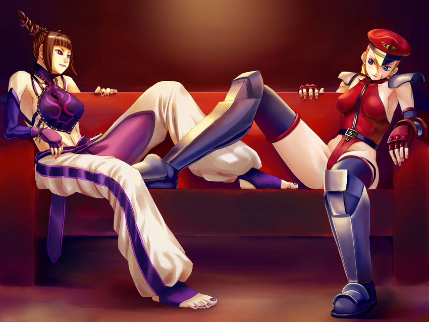 alternate_costume cammy_white cosplay couch drill_hair dudou halter_top halterneck han_juri highres leotard multiple_girls red_leotard ryourou_(edexigerero) street_fighter street_fighter_iv_(series) thighhighs twin_drills vega vega_(cosplay)