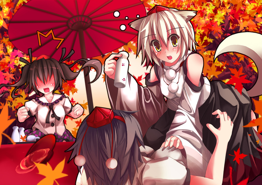 alcohol animal_ears blush brown_hair himekaidou_hatate inubashiri_momiji multiple_girls oriental_umbrella rei-ru sake shameimaru_aya short_hair silver_hair tail tokkuri touhou twintails umbrella wolf_ears wolf_tail