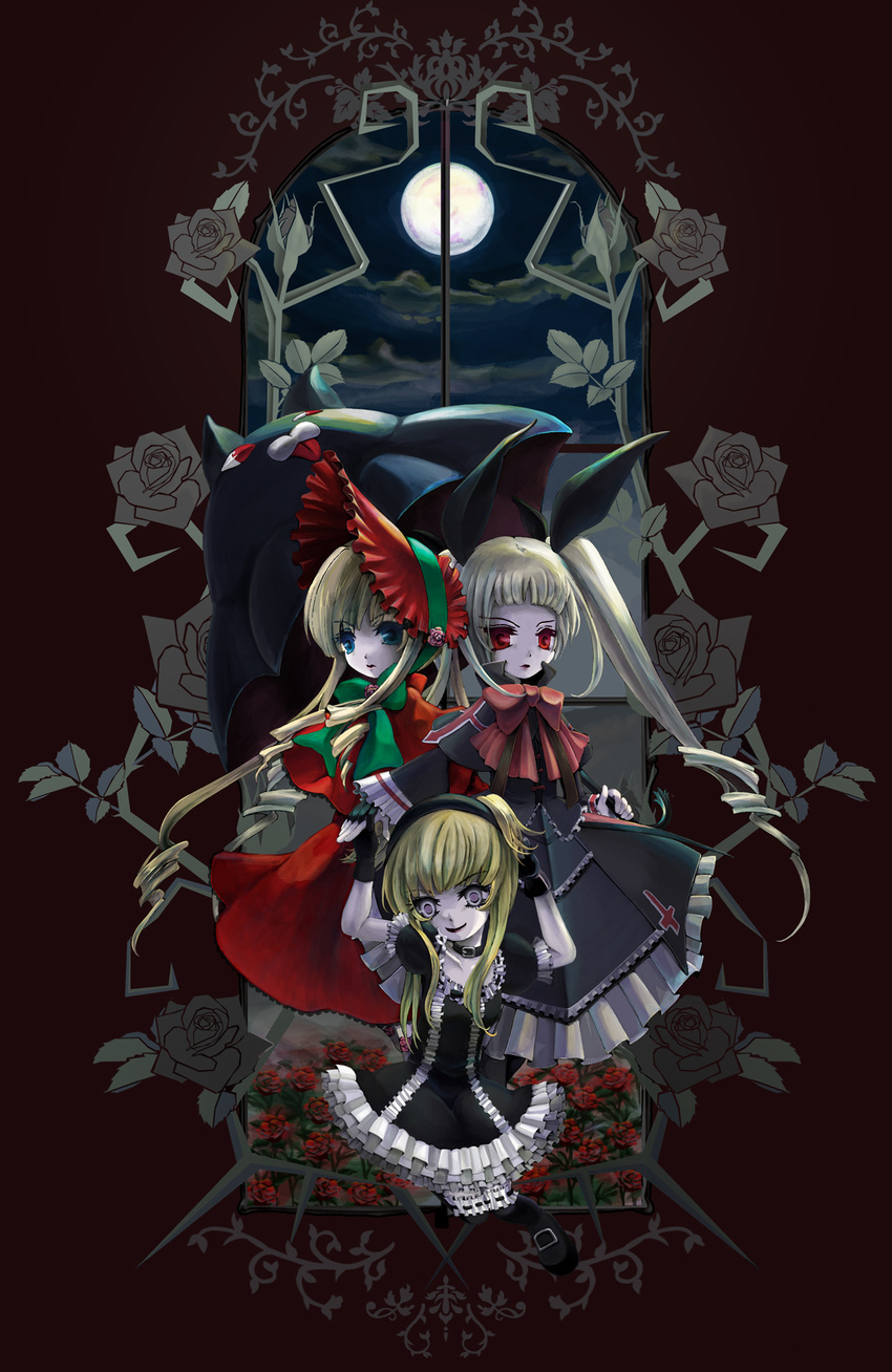 blazblue blonde_hair blue_eyes columbine crossover dress flower gothic headband highres karakuri_circus look-alike masumo_(renkaren) moon multiple_girls nago purple_eyes rachel_alucard red_eyes ribbon rose rozen_maiden shinku short_twintails twintails umbrella