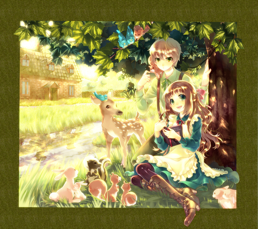 1girl animal bad_id bad_pixiv_id bird book boots bow brown_hair bunny deer dress green_eyes hair_bow highres house knee_boots long_hair mikono_myakura original pantyhose squirrel suspenders tree