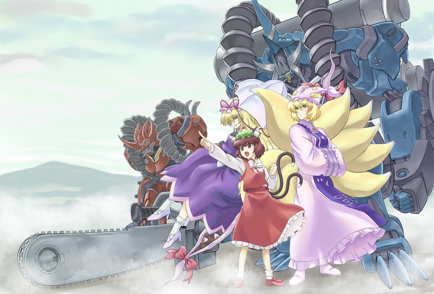 animal_ears blonde_hair blue_oni brown_eyes brown_hair cat_ears cat_tail chainsaw chen fox_tail hair_over_one_eye hands_in_opposite_sleeves hat hat_ribbon high_heels highres huge_weapon long_hair mecha mechanization multiple_girls multiple_tails oni pointing red_oni ribbon satsuki_harunobu shoes short_hair tail touhou umbrella weapon yakumo_ran yakumo_yukari yellow_eyes