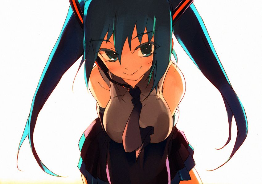 :&gt; aqua_eyes aqua_hair bare_shoulders breasts colored_eyelashes detached_sleeves hatsune_miku headphones headset kitano_yuusuke large_breasts leaning_forward long_hair necktie simple_background skirt smile solo twintails vocaloid