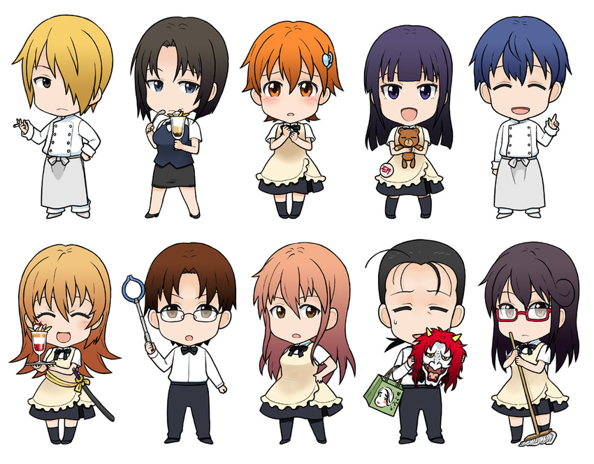 5girls :d :o ^_^ atsu_takashi black_hair blonde_hair blue_eyes blue_hair brown_eyes brown_hair chibi closed_eyes everyone glasses hair_over_one_eye inami_mahiru matsumoto_maya multiple_boys multiple_girls open_mouth orange_hair otoko_no_ko otoo_hyougo pantyhose purple_eyes purple_hair red-framed_eyewear satou_jun semi-rimless_eyewear shirafuji_kyouko smile souma_hiroomi takanashi_kotori takanashi_souta todoroki_yachiyo under-rim_eyewear working!! yamada_aoi