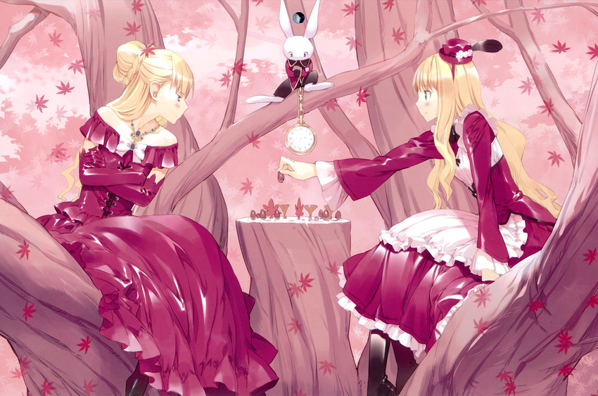 absurdres alice_(wonderland) alice_in_wonderland blonde_hair board_game bunny chess crossed_arms dress frills hat highres jewelry leaf long_hair multiple_girls necklace pocket_watch queen_of_hearts red sitting tree ueda_ryou watch white_rabbit