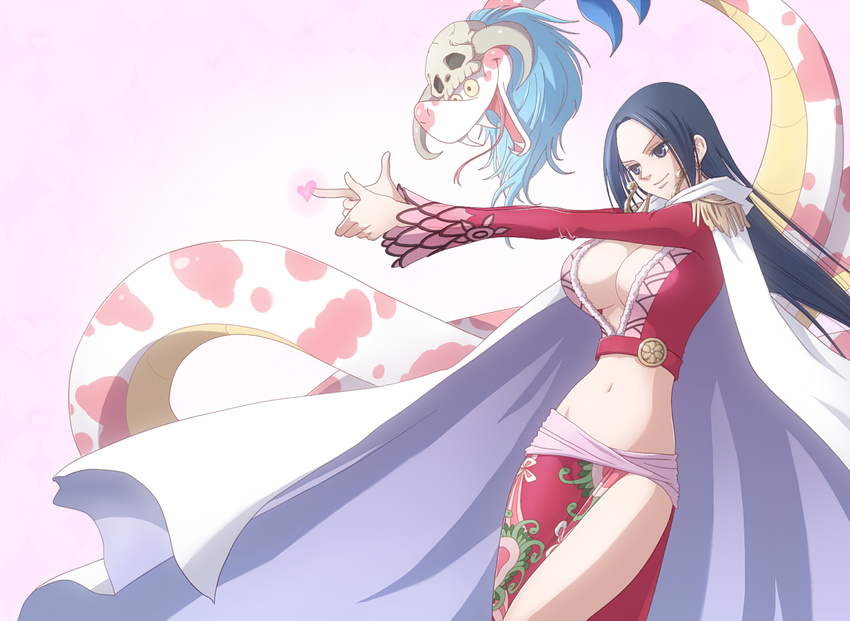 amazon boa_hancock breasts cape center_opening cleavage cocotri earrings epaulettes fangs forked_tongue heart horns jewelry large_breasts long_hair long_sleeves midriff one_piece salome_(one_piece) side_slit skull snake thighs tongue yellow_sclera