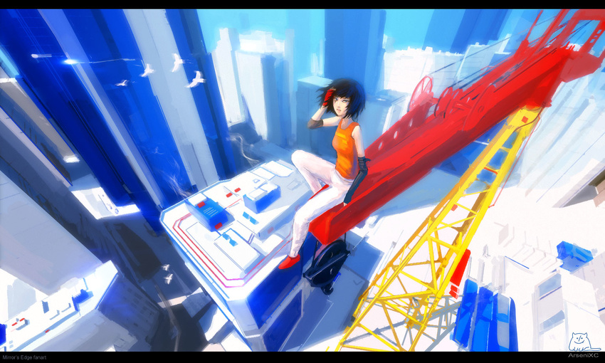 arsenixc bad_id bad_pixiv_id bird black_hair blue_eyes city cityscape faith_connors fingerless_gloves flock foreshortening gloves hand_in_hair letterboxed mirror's_edge parkour perspective rooftop scenery short_hair sitting solo tattoo