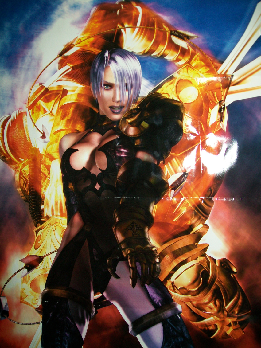 absurdres breasts highres huge_breasts isabella_valentine lips lipstick makeup photo poster purple_lipstick scan scan_artifacts soulcalibur sword voldo weapon whip_sword