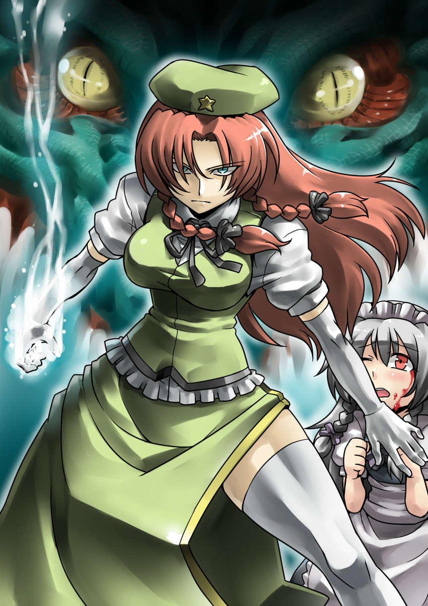 angry aura blood blue_eyes bow braid china_dress chinese_clothes dragon dress elbow_gloves gloves hair_bow hat highres hong_meiling injury izayoi_sakuya long_hair maid_headdress multiple_girls one_eye_closed protecting red_hair ribbon slit_pupils thighhighs thighs touhou tsuki_wani twin_braids younger