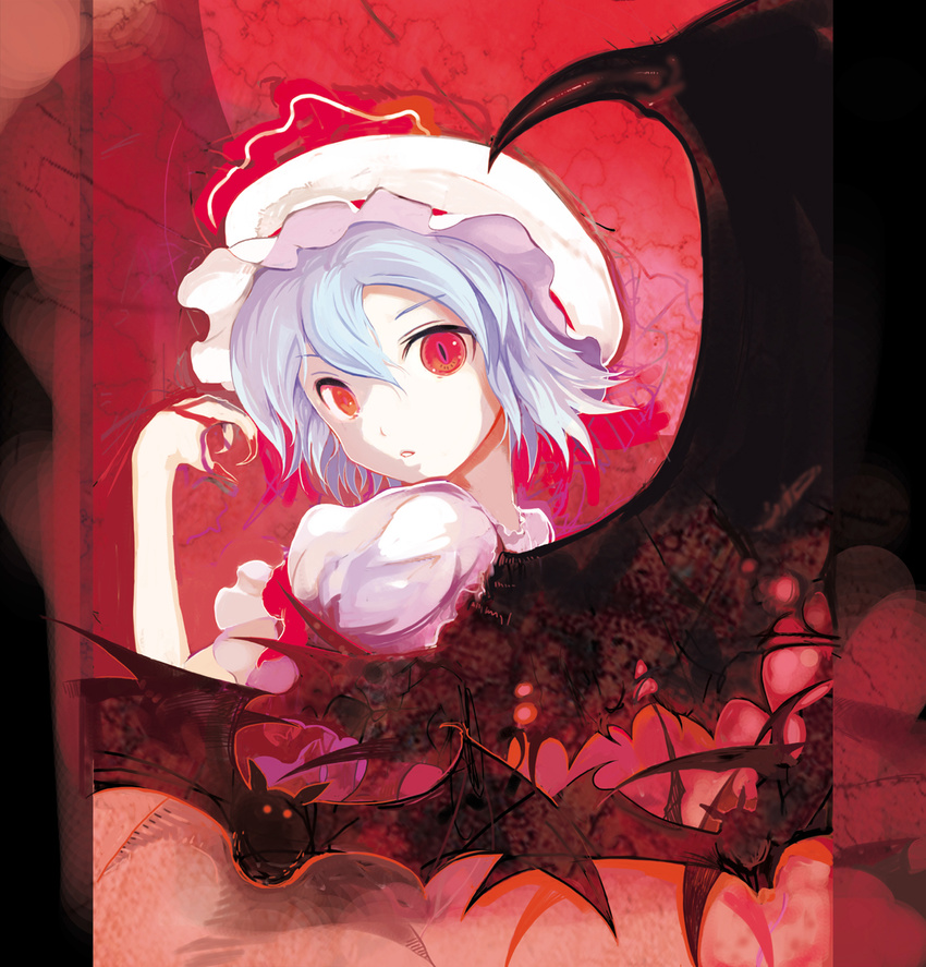 bad_id bad_pixiv_id bat bat_wings blood blue_hair face hat highres red_eyes remilia_scarlet ribbon short_hair slit_pupils solo touhou wings yuugiri