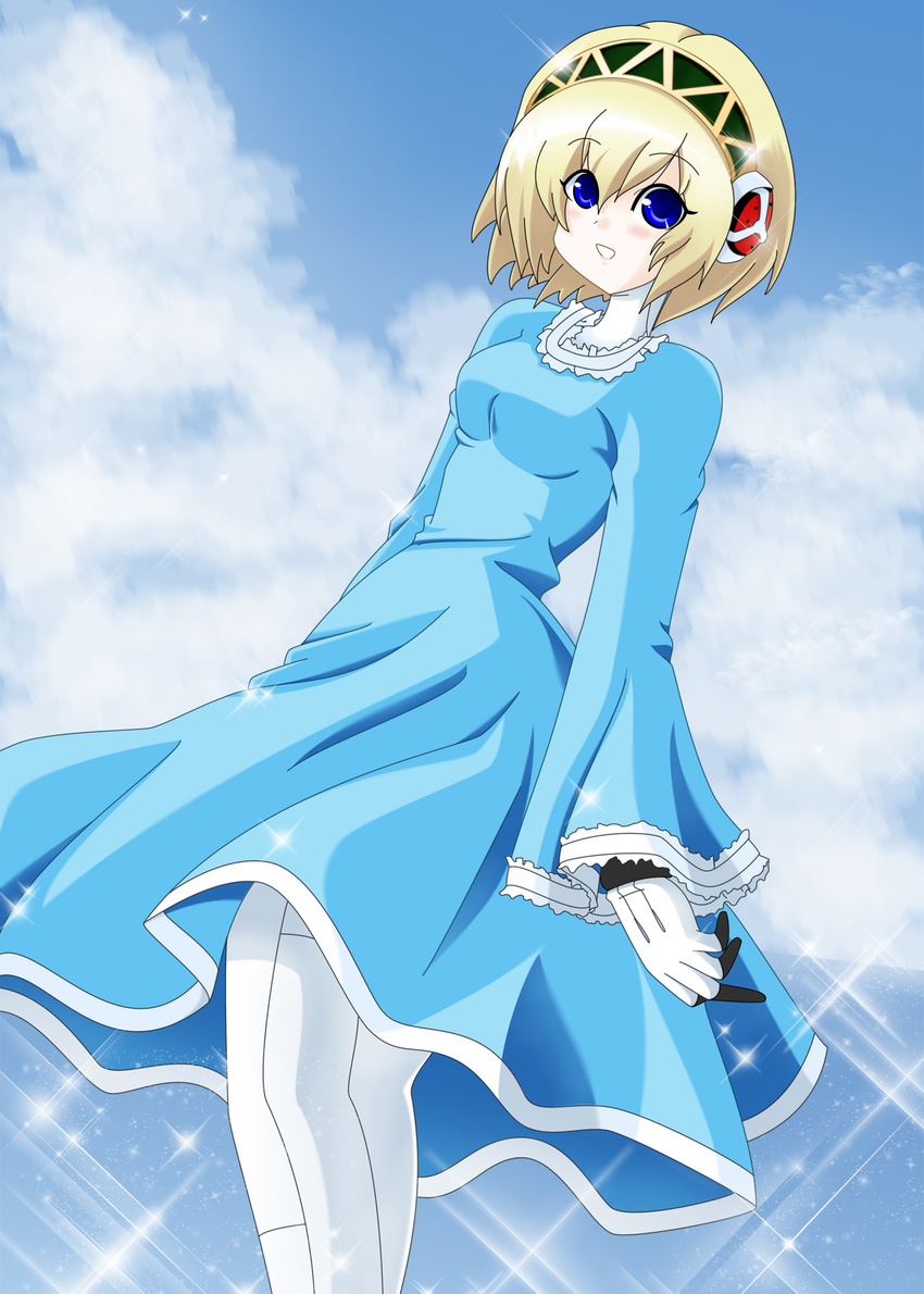aegis_(persona) android bad_id bad_pixiv_id blonde_hair blue_eyes cloud day dress highres ines_pramesti ocean outdoors persona persona_3 short_hair sky solo sparkle